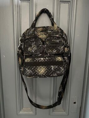 lug Black Backpack Tote with Gold Firework Print